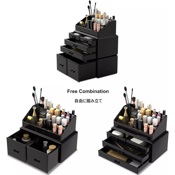 Makeup Organizer 3 Pieces Cosmetic Storage Case with 6 Drawers (Black) - Picture 3 of 6